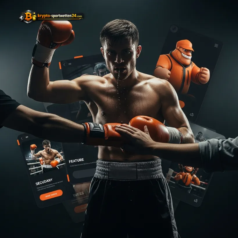 Ein fokussierter Boxer, umgeben von schwebenden Smartphone-Bildschirmen, die Sport-Apps zeigen, stellvertretend für die Superstar-Spieler der WM 2026 und deren Analyse in Wett-Apps.